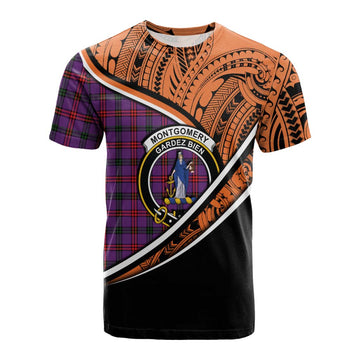 Montgomery Crest Tartan Cotton T-shirt with Polynesian Vibes Style - Orange Version