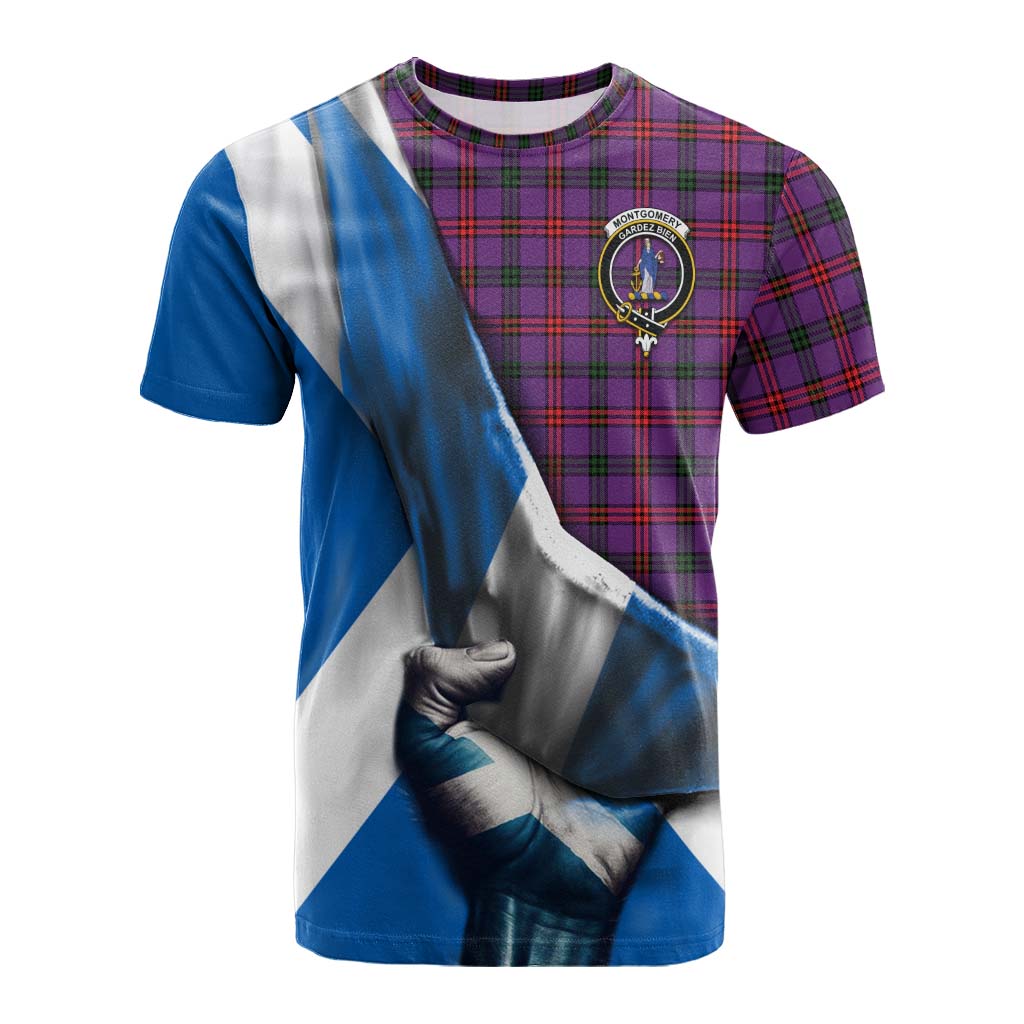 Tartan Vibes Clothing Montgomery Tartan Cotton T-shirt with Family Crest Scotland Patriotic Style