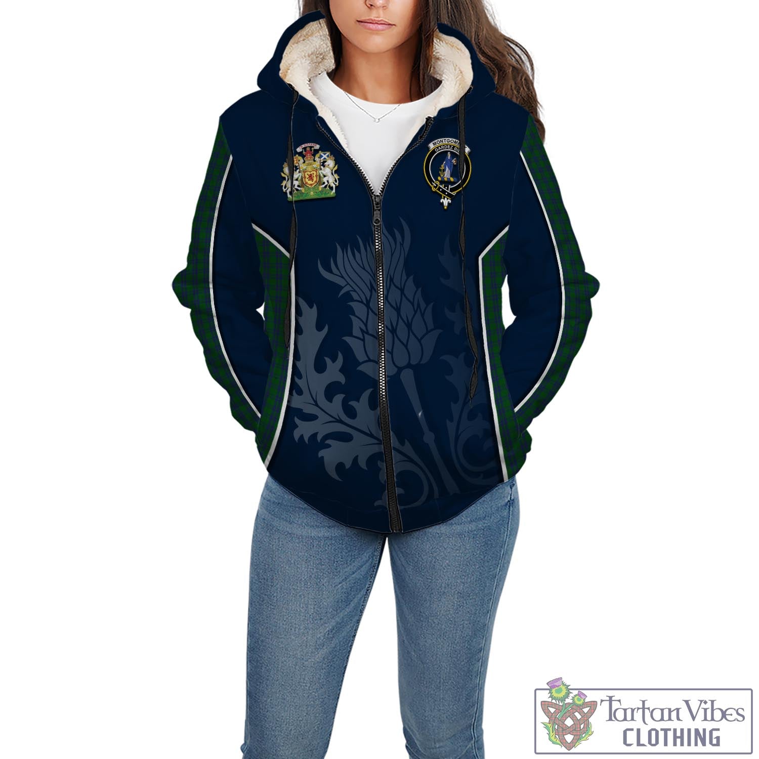 Tartan Vibes Clothing Montgomery Tartan Sherpa Hoodie with Family Crest and Scottish Thistle Vibes Sport Style