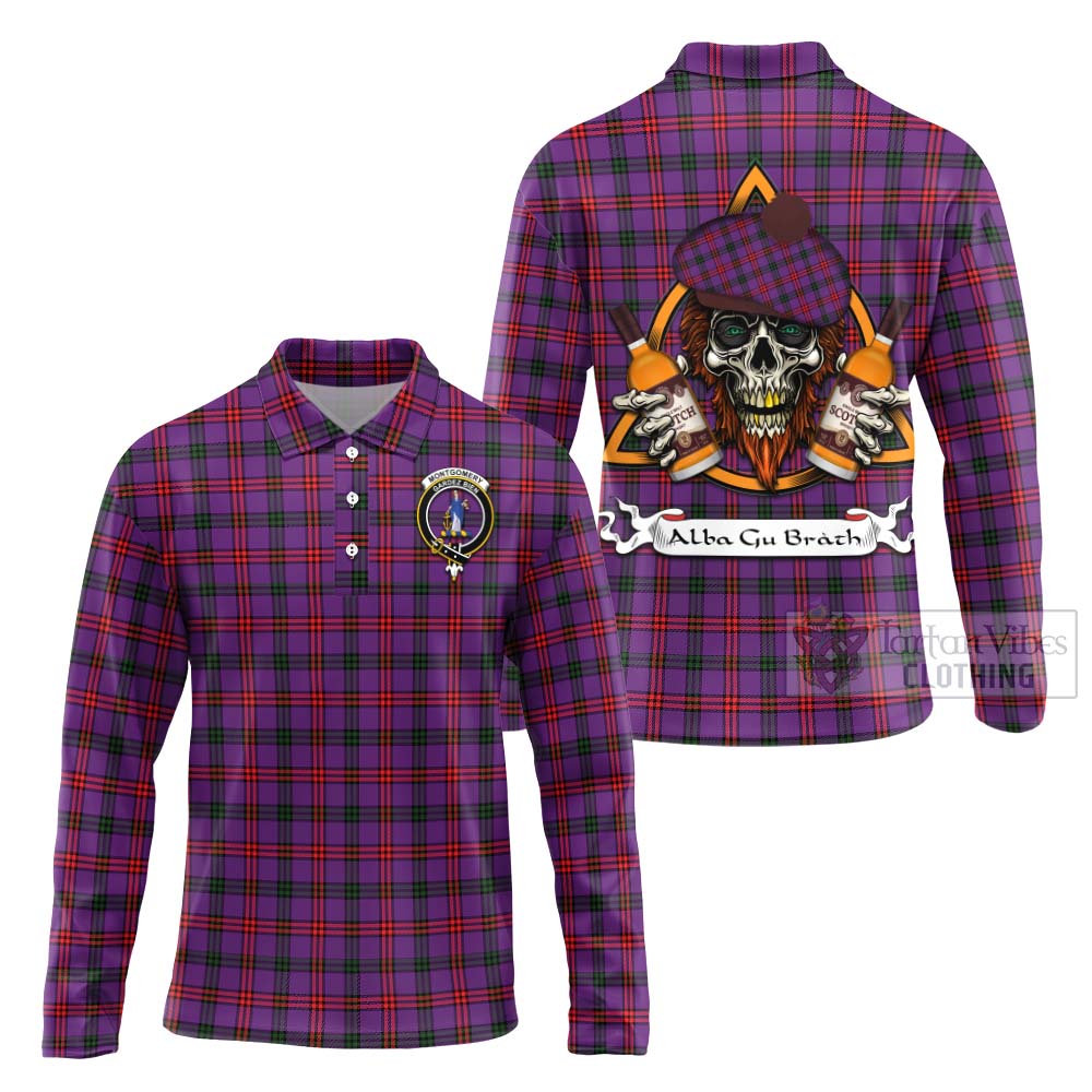 Tartan Vibes Clothing Montgomery Tartan Long Sleeve Polo Shirt with Family Crest and Bearded Skull Holding Bottles of Whiskey