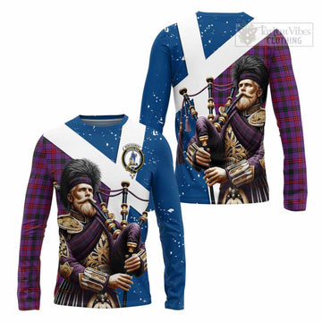 Montgomery Tartan Long Sleeve T-Shirt with Family Crest Scottish Bagpiper Vibes