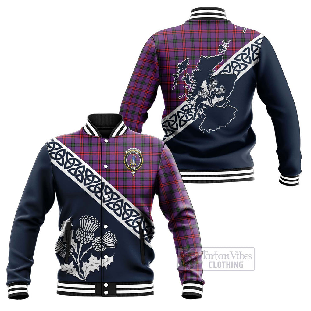 Tartan Vibes Clothing Montgomery Tartan Baseball Jacket Featuring Thistle and Scotland Map