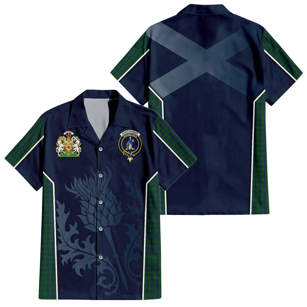 Tartan Vibes Clothing Montgomery Tartan Short Sleeve Button Up Shirt with Family Crest and Scottish Thistle Vibes Sport Style