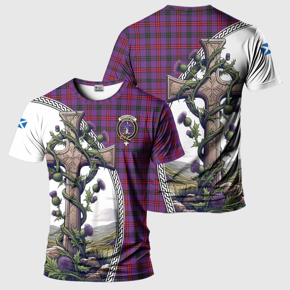 Tartan Vibes Clothing Montgomery Agnew Tartan T-Shirt with Family Crest and St. Andrew's Cross Accented by Thistle Vines