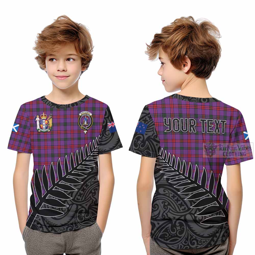 Tartan Vibes Clothing Montgomery Crest Tartan Kid T-Shirt with New Zealand Silver Fern Half Style