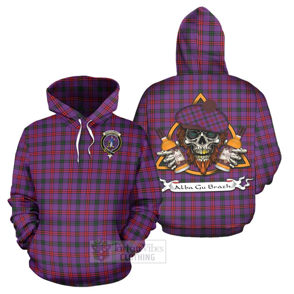 Tartan Vibes Clothing Montgomery Tartan Hoodie with Family Crest and Bearded Skull Holding Bottles of Whiskey