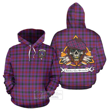 Montgomery Tartan Hoodie with Family Crest and Bearded Skull Holding Bottles of Whiskey