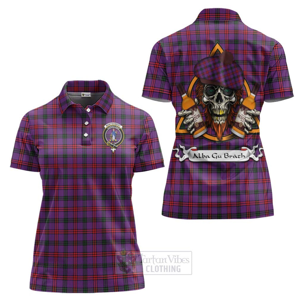 Tartan Vibes Clothing Montgomery Tartan Women's Polo Shirt with Family Crest and Bearded Skull Holding Bottles of Whiskey