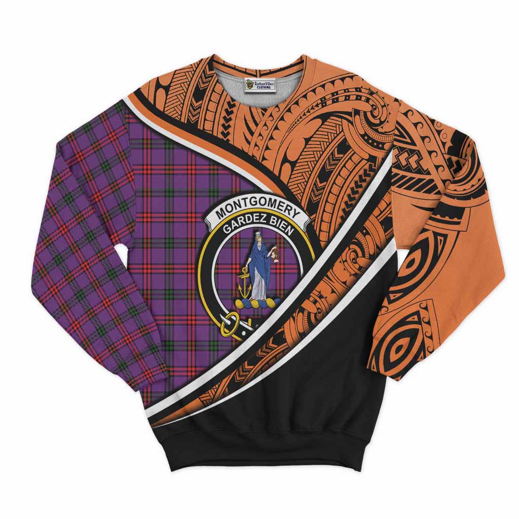 Tartan Vibes Clothing Montgomery Crest Tartan Sweatshirt with Maori Tattoo Style - Orange Version