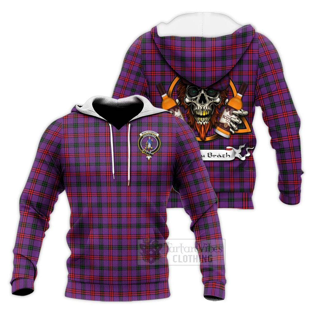 Tartan Vibes Clothing Montgomery Tartan Knitted Hoodie with Family Crest and Bearded Skull Holding Bottles of Whiskey