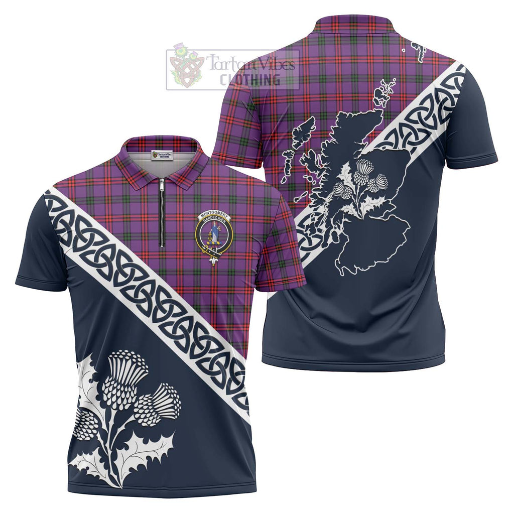 Tartan Vibes Clothing Montgomery Tartan Zipper Polo Shirt Featuring Thistle and Scotland Map