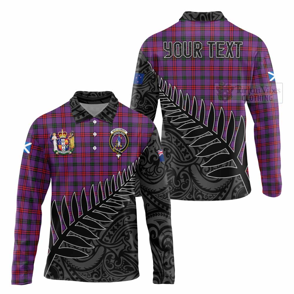 Tartan Vibes Clothing Montgomery Crest Tartan Long Sleeve Polo Shirt with New Zealand Silver Fern Half Style