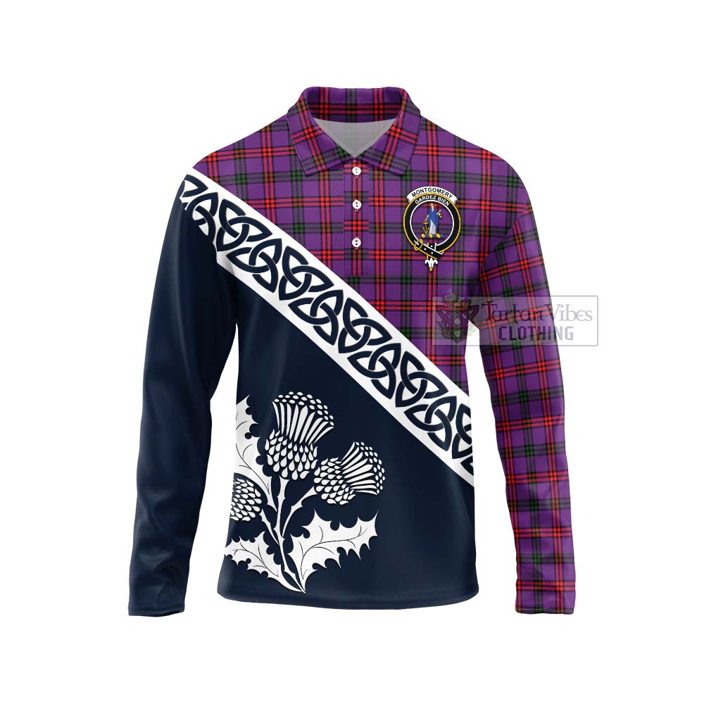 Tartan Vibes Clothing Montgomery Tartan Long Sleeve Polo Shirt Featuring Thistle and Scotland Map