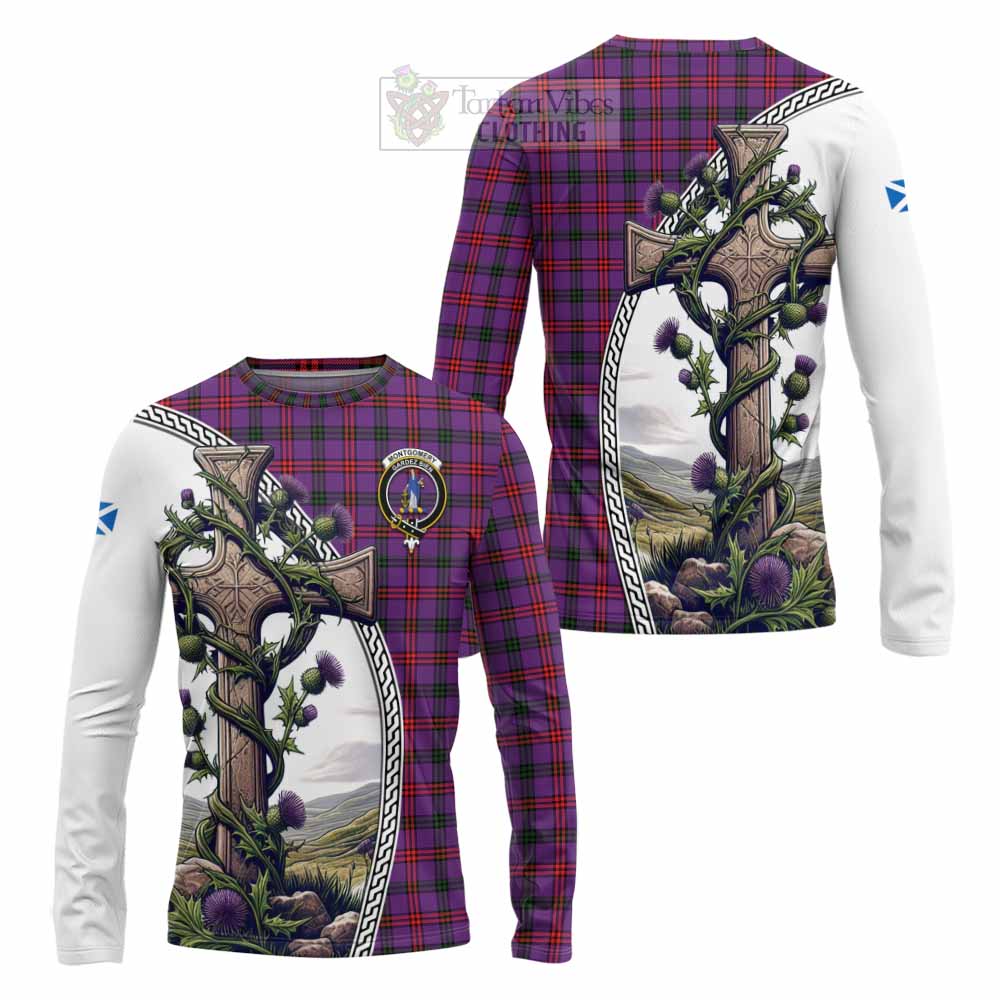 Tartan Vibes Clothing Montgomery Tartan Long Sleeve T-Shirt with Family Crest and St. Andrew's Cross Accented by Thistle Vines