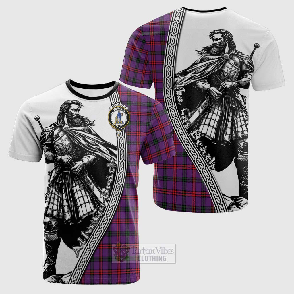 Tartan Vibes Clothing Montgomery Tartan Clan Crest Cotton T-shirt with Highlander Warrior Celtic Style