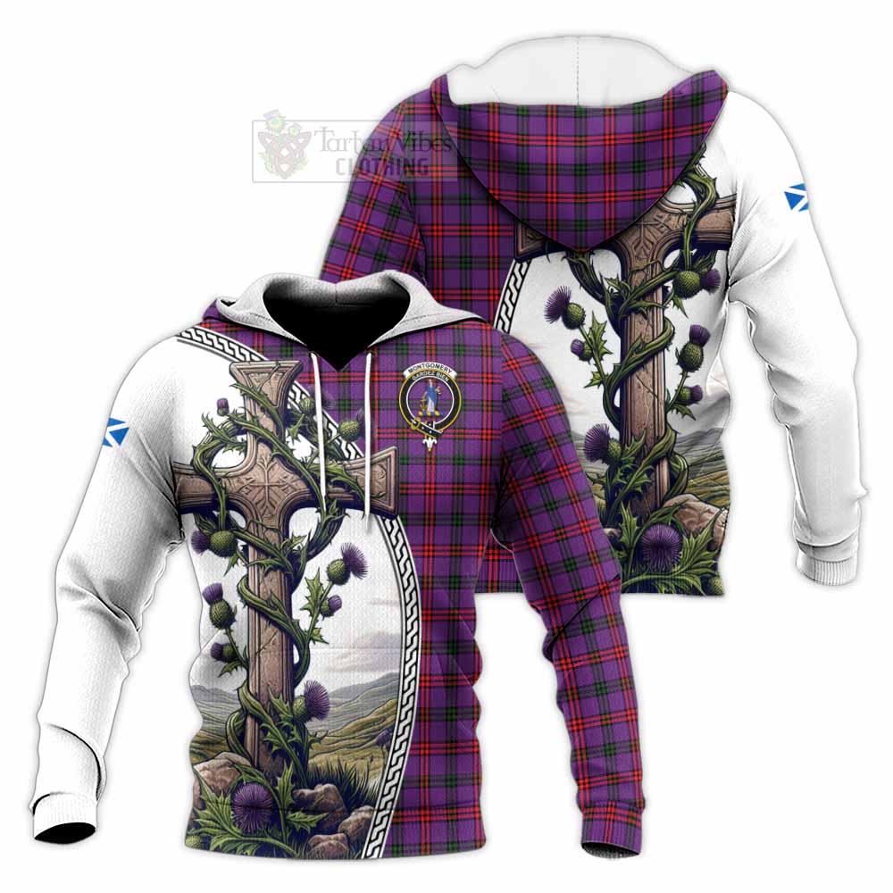 Tartan Vibes Clothing Montgomery Tartan Knitted Hoodie with Family Crest and St. Andrew's Cross Accented by Thistle Vines