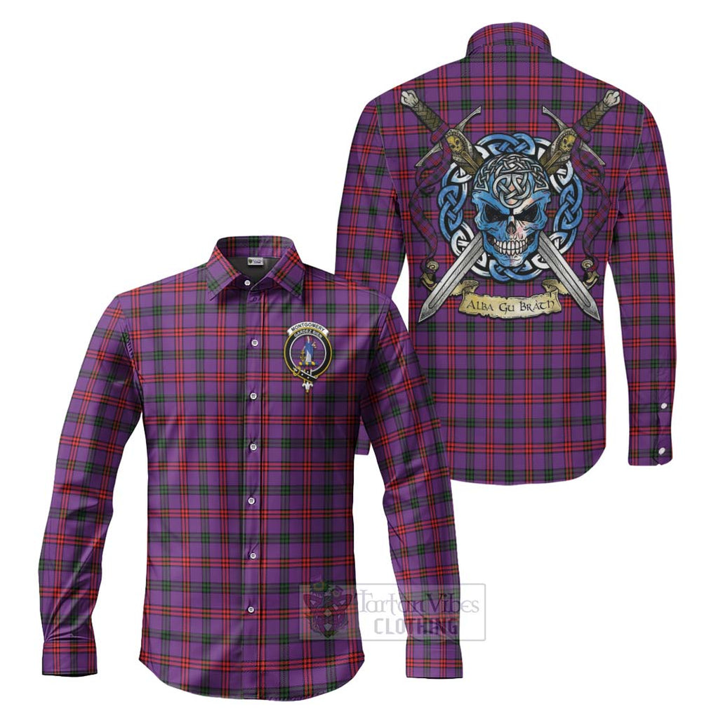 Tartan Vibes Clothing Montgomery Tartan Long Sleeve Button Shirt with Family Crest Celtic Skull Style