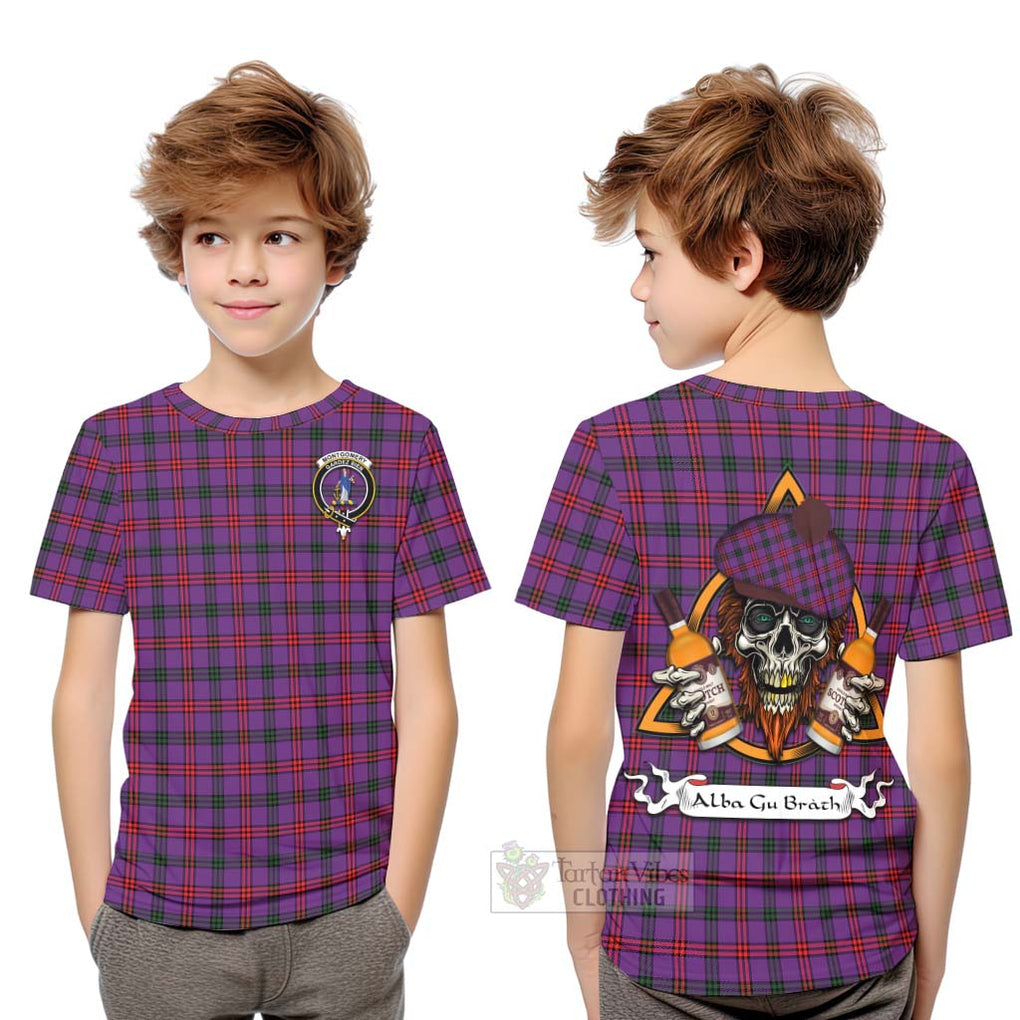 Tartan Vibes Clothing Montgomery Tartan Kid T-Shirt with Family Crest and Bearded Skull Holding Bottles of Whiskey