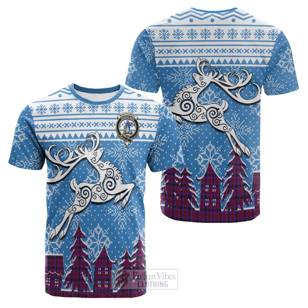 Tartan Vibes Clothing Montgomery Clan Christmas Cotton T-shirt Celtic Reindeer Style