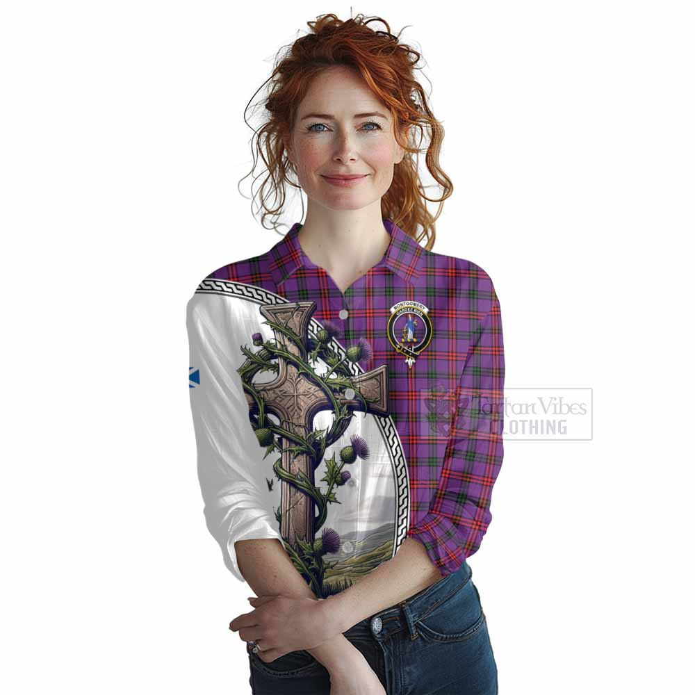 Tartan Vibes Clothing Montgomery Tartan Women's Casual Shirt with Family Crest and St. Andrew's Cross Accented by Thistle Vines