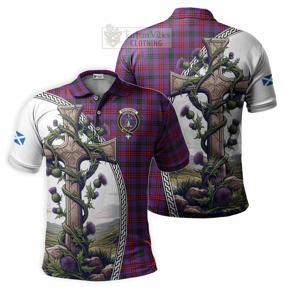 Tartan Vibes Clothing Montgomery Tartan Polo Shirt with Family Crest and St. Andrew's Cross Accented by Thistle Vines