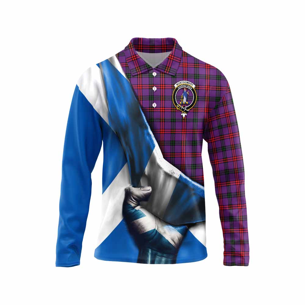 Tartan Vibes Clothing Montgomery Tartan Long Sleeve Polo Shirt with Family Crest Scotland Patriotic Style