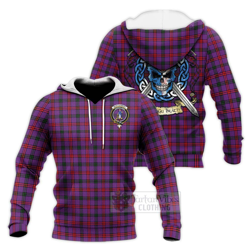 Tartan Vibes Clothing Montgomery Tartan Knitted Hoodie with Family Crest Celtic Skull Style