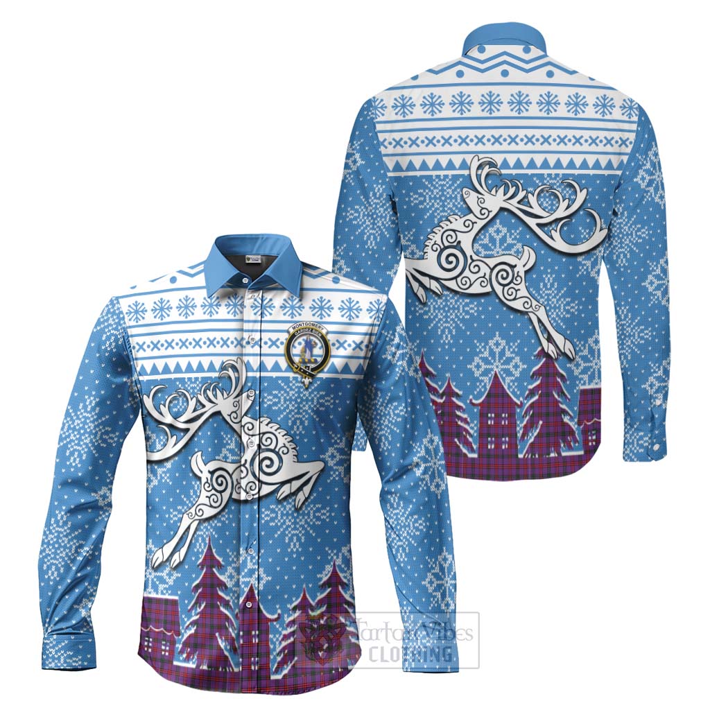 Tartan Vibes Clothing Montgomery Clan Christmas Long Sleeve Button Shirt Celtic Reindeer Style