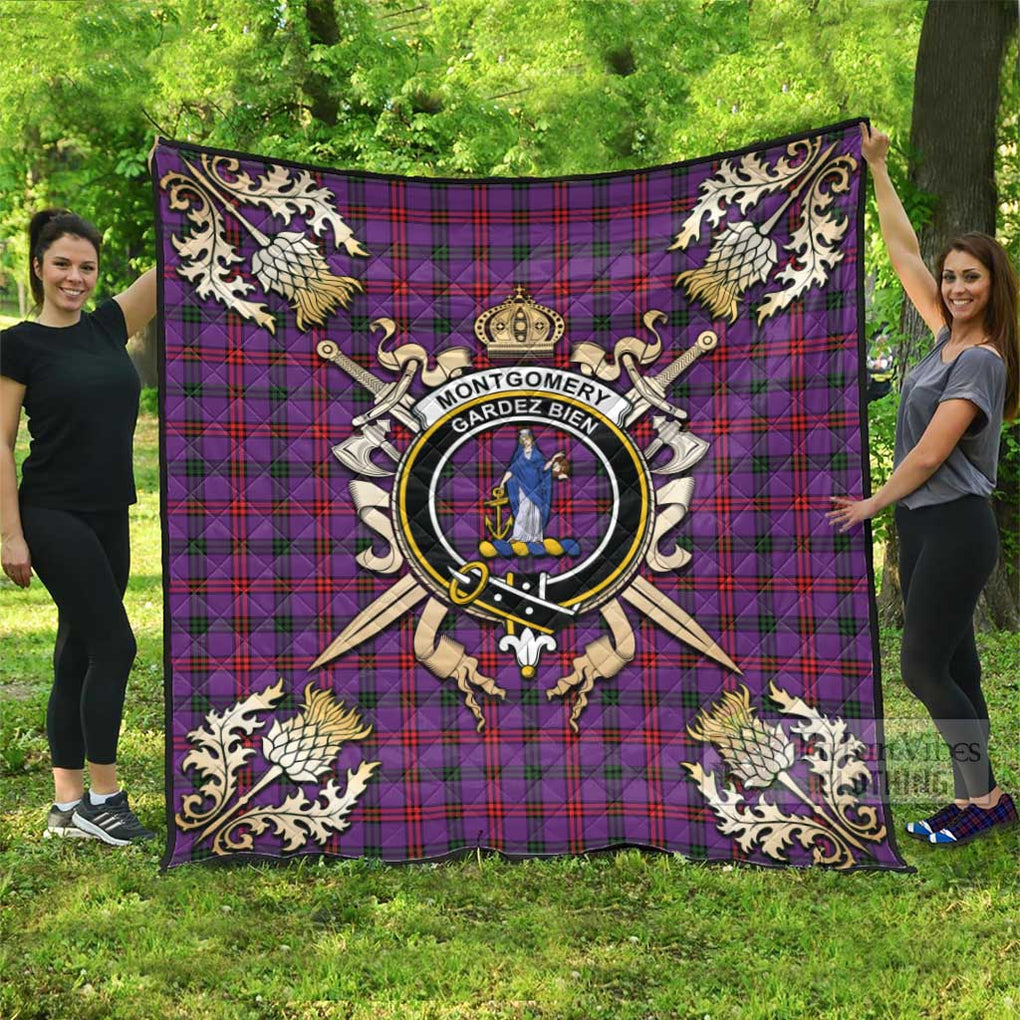 Tartan Vibes Clothing Montgomery Tartan Quilt with Family Crest and Scottish Golden Courage Shield