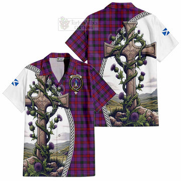 Montgomery Tartan Short Sleeve Button Shirt with Family Crest and St. Andrew's Cross Accented by Thistle Vines