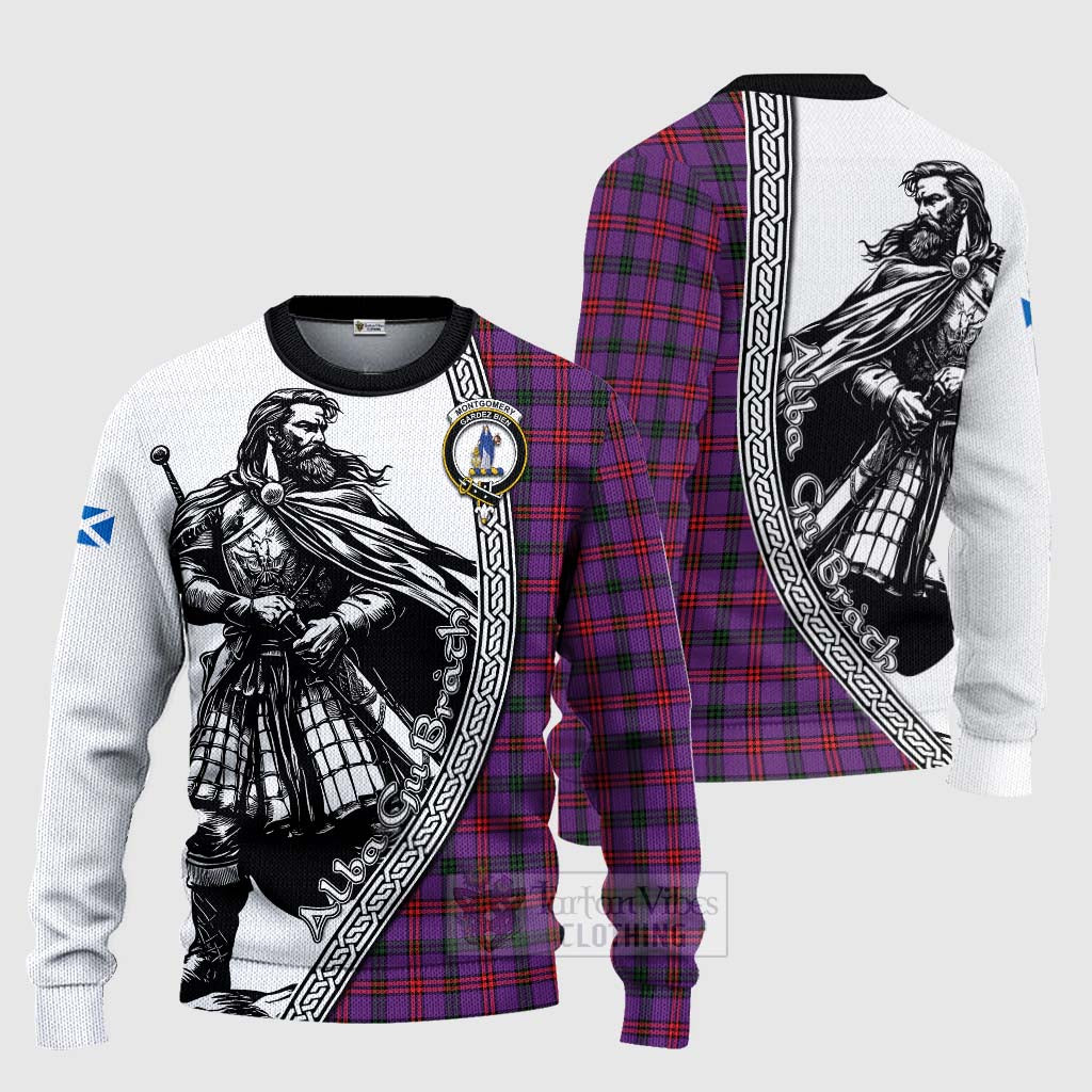 Tartan Vibes Clothing Montgomery Tartan Clan Crest Knitted Sweater with Highlander Warrior Celtic Style