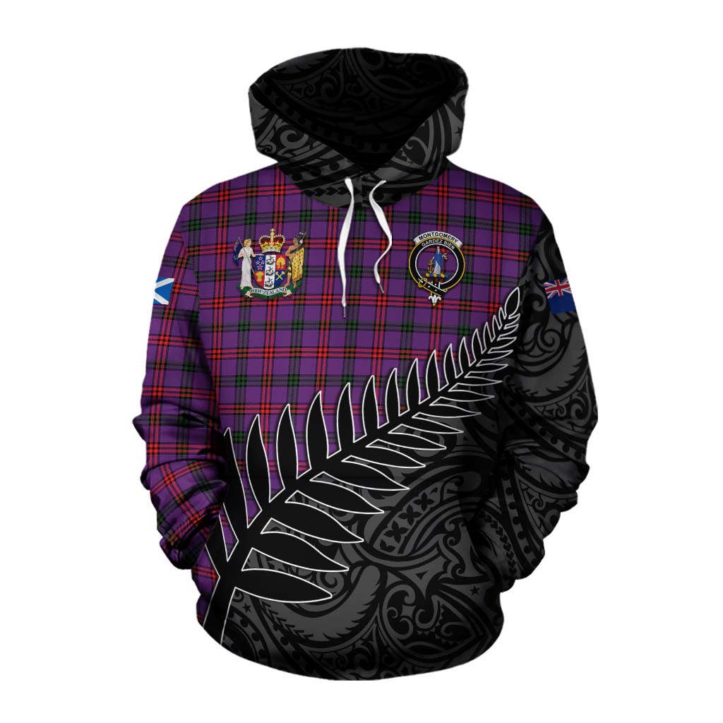 Tartan Vibes Clothing Montgomery Crest Tartan Cotton Hoodie with New Zealand Silver Fern Half Style