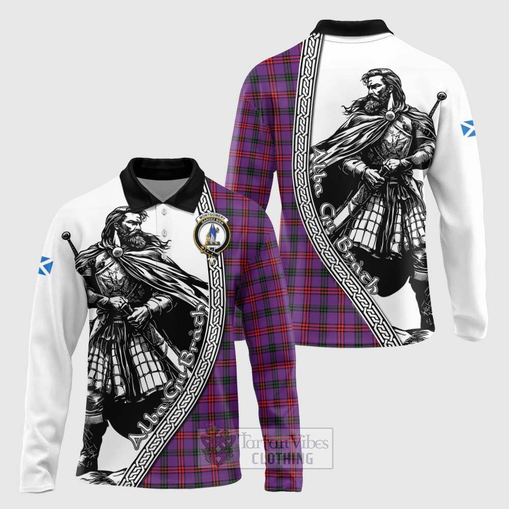 Tartan Vibes Clothing Montgomery Tartan Clan Crest Long Sleeve Polo Shirt with Highlander Warrior Celtic Style