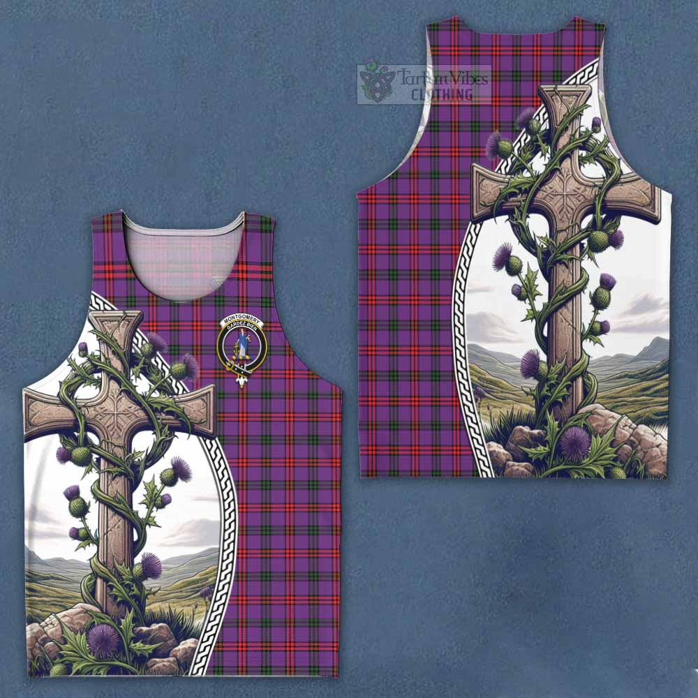 Tartan Vibes Clothing Montgomery Tartan Men's Tank Top with Family Crest and St. Andrew's Cross Accented by Thistle Vines