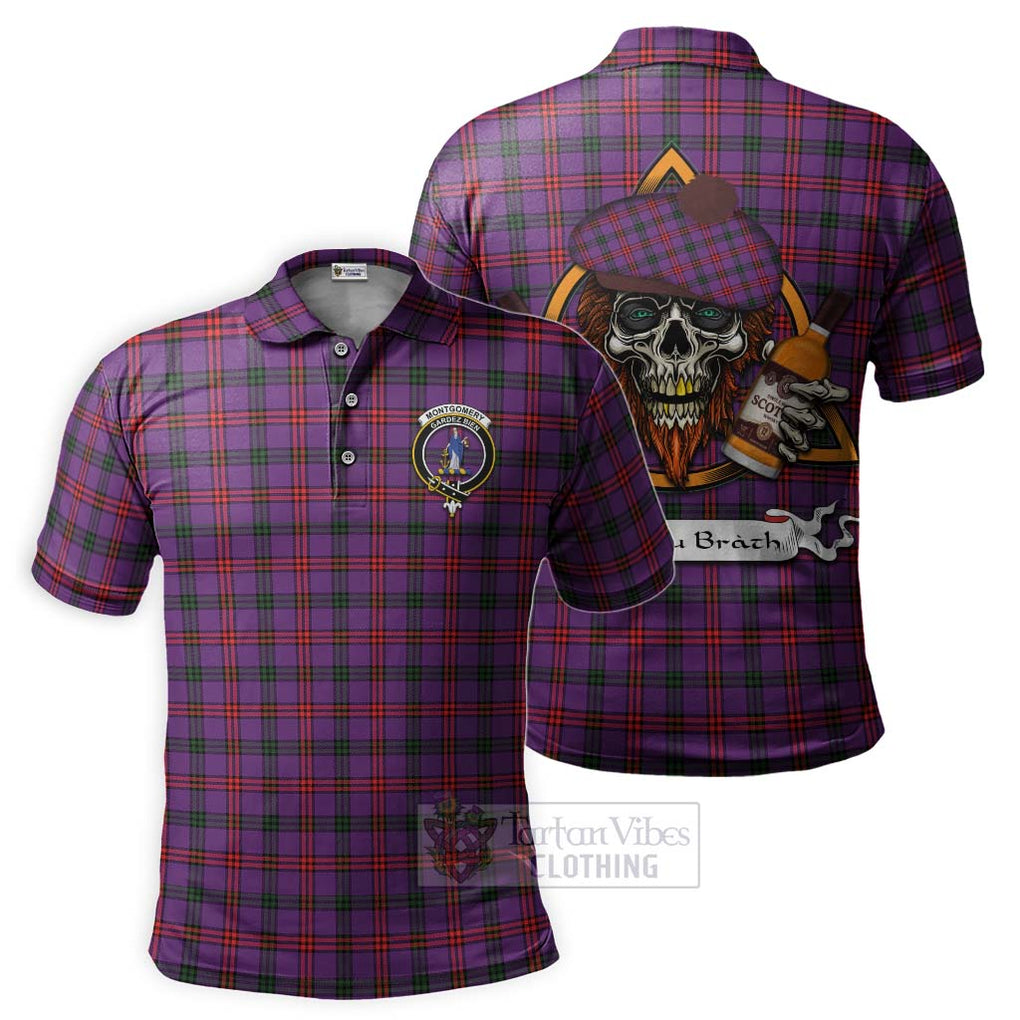 Tartan Vibes Clothing Montgomery Tartan Polo Shirt with Family Crest and Bearded Skull Holding Bottles of Whiskey