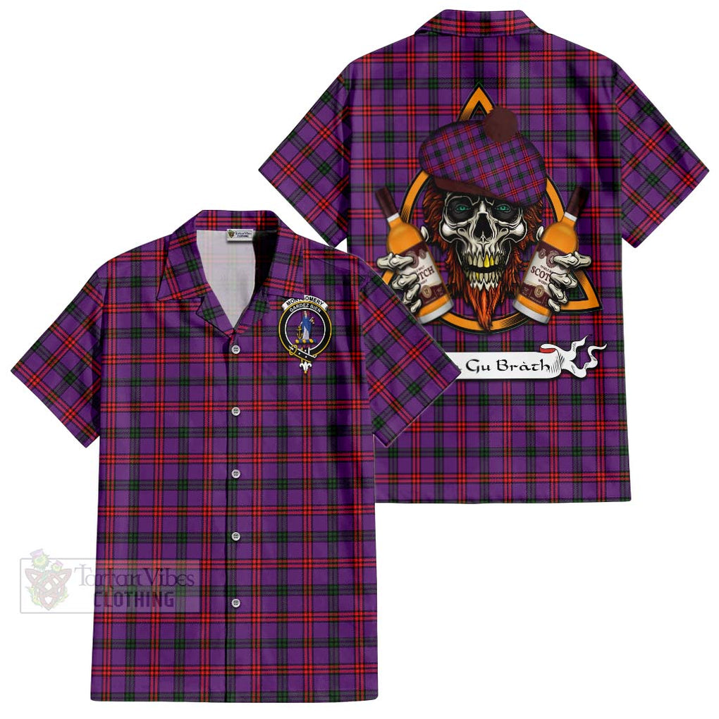 Tartan Vibes Clothing Montgomery Tartan Short Sleeve Button Shirt with Family Crest and Bearded Skull Holding Bottles of Whiskey