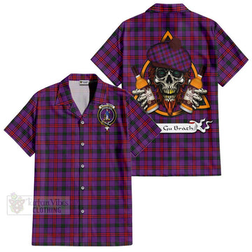 Montgomery Tartan Short Sleeve Button Shirt with Family Crest and Bearded Skull Holding Bottles of Whiskey