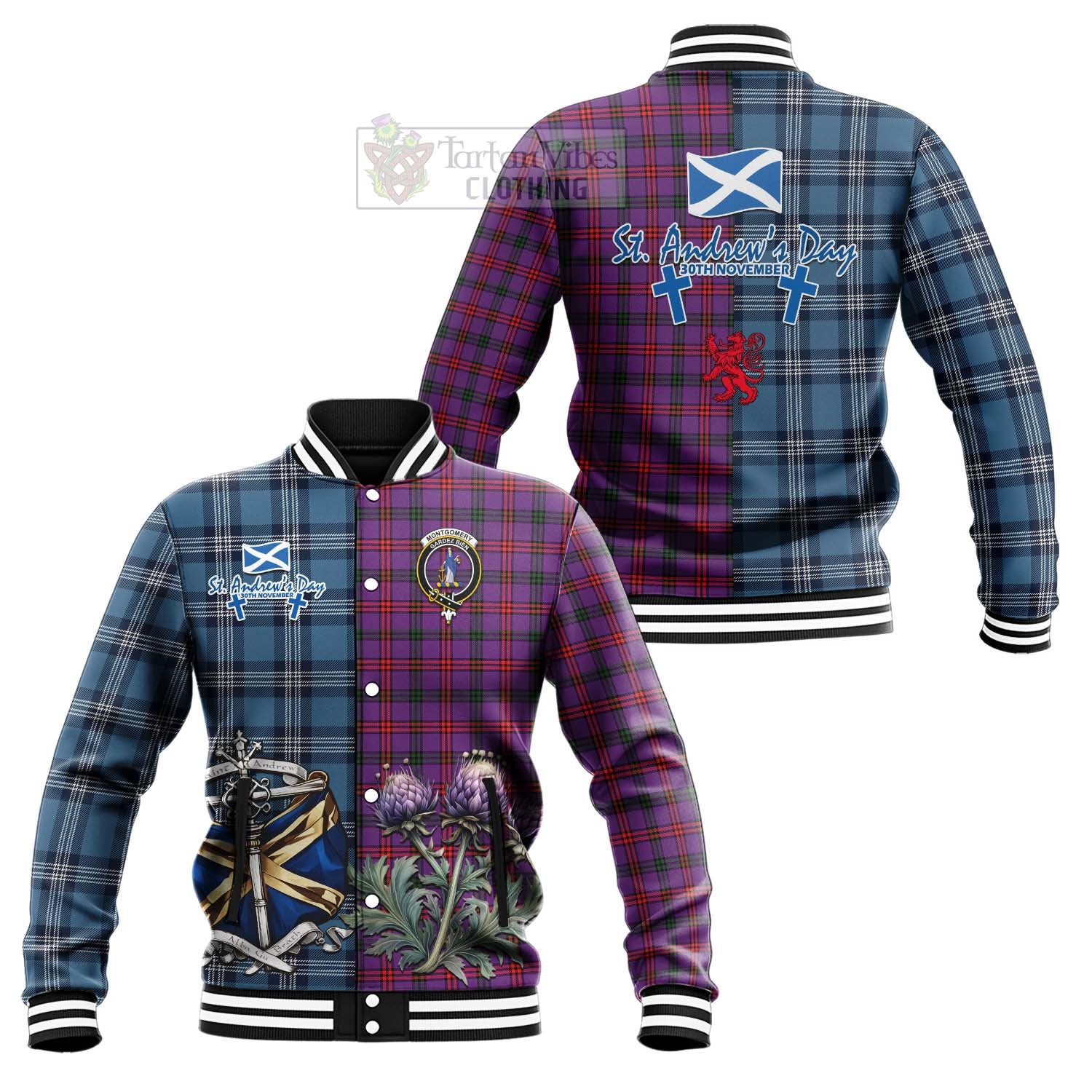 Tartan Vibes Clothing Montgomery Tartan Baseball Jacket Happy St. Andrew's Day Half Tartan Style