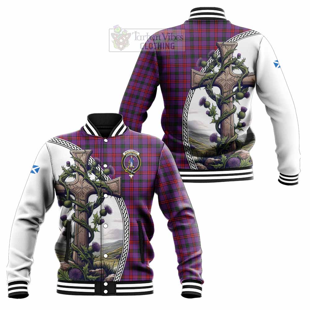 Tartan Vibes Clothing Montgomery Tartan Baseball Jacket with Family Crest and St. Andrew's Cross Accented by Thistle Vines