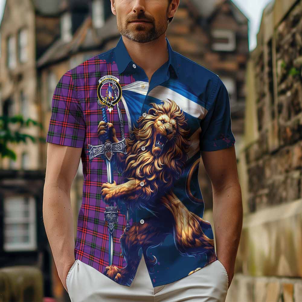 Tartan Vibes Clothing Montgomery Tartan Family Crest Short Sleeve Button Shirt with Scottish Majestic Lion