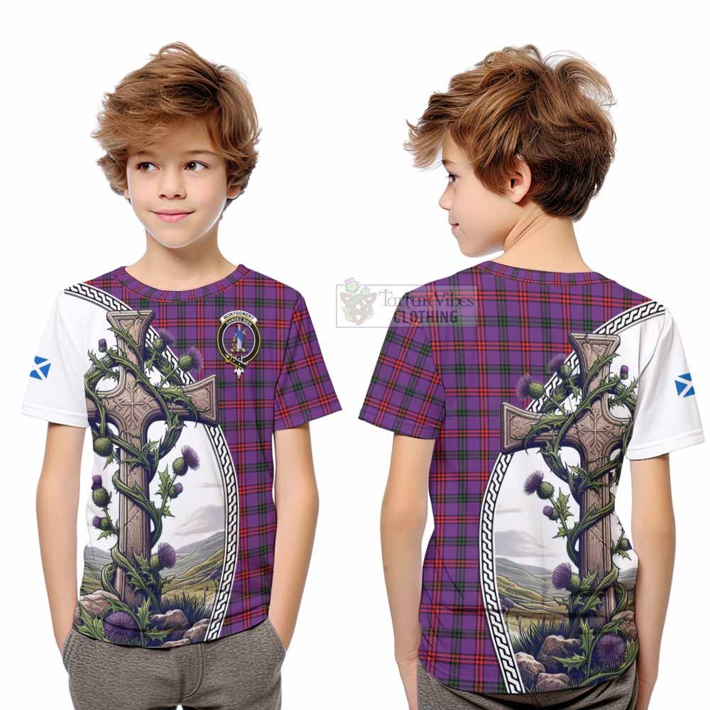 Tartan Vibes Clothing Montgomery Tartan Kid T-Shirt with Family Crest and St. Andrew's Cross Accented by Thistle Vines