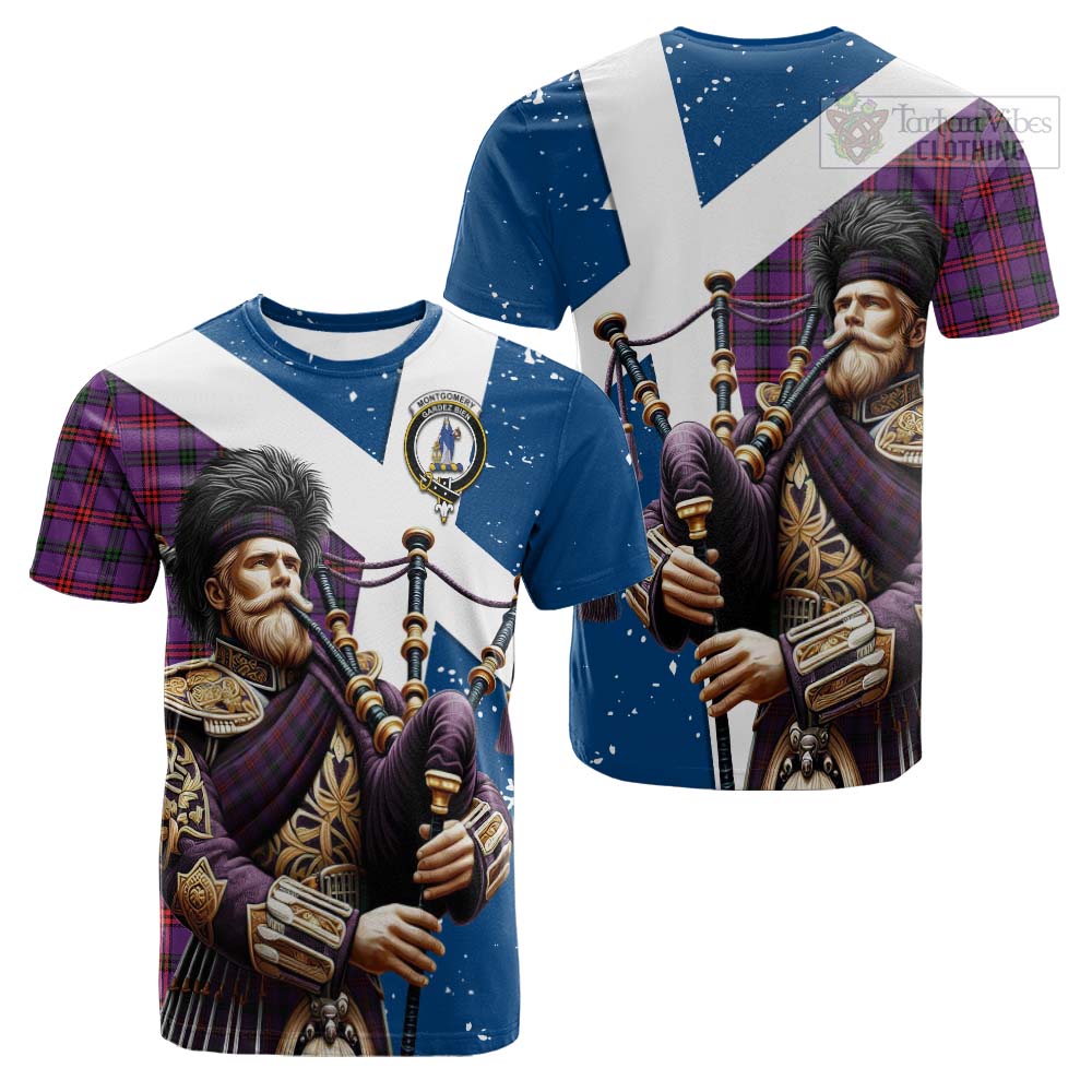 Tartan Vibes Clothing Montgomery Tartan Cotton T-shirt with Family Crest Scottish Bagpiper Vibes