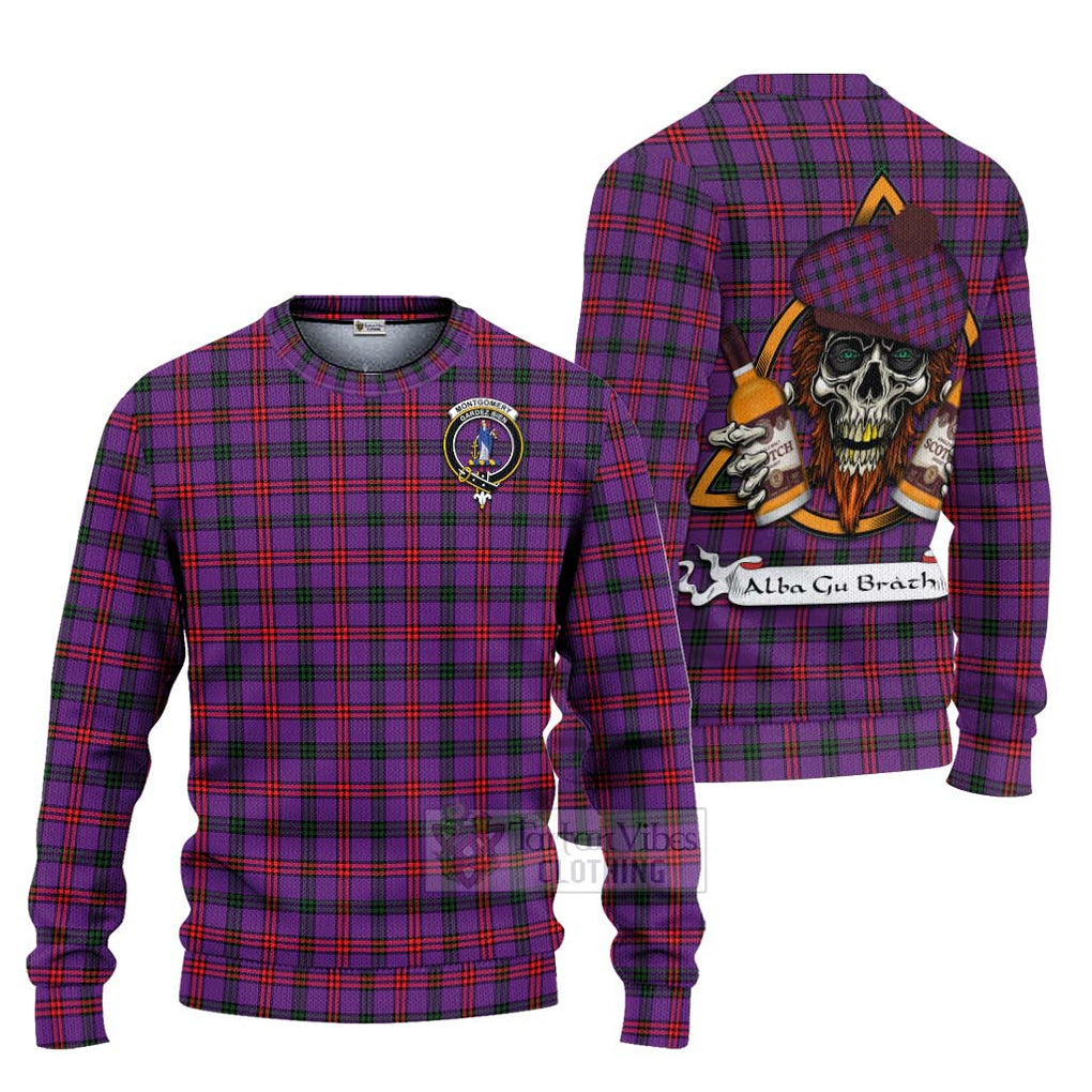 Tartan Vibes Clothing Montgomery Tartan Knitted Sweater with Family Crest and Bearded Skull Holding Bottles of Whiskey