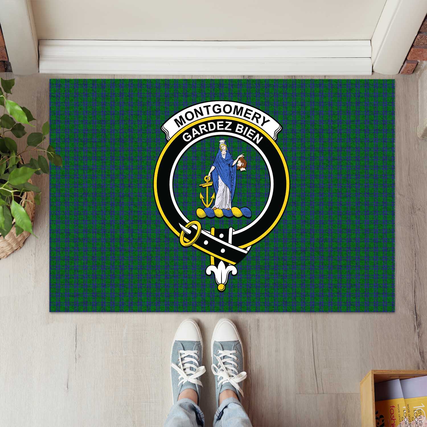 Montgomery Tartan Door Mat with Family Crest - Tartanvibesclothing