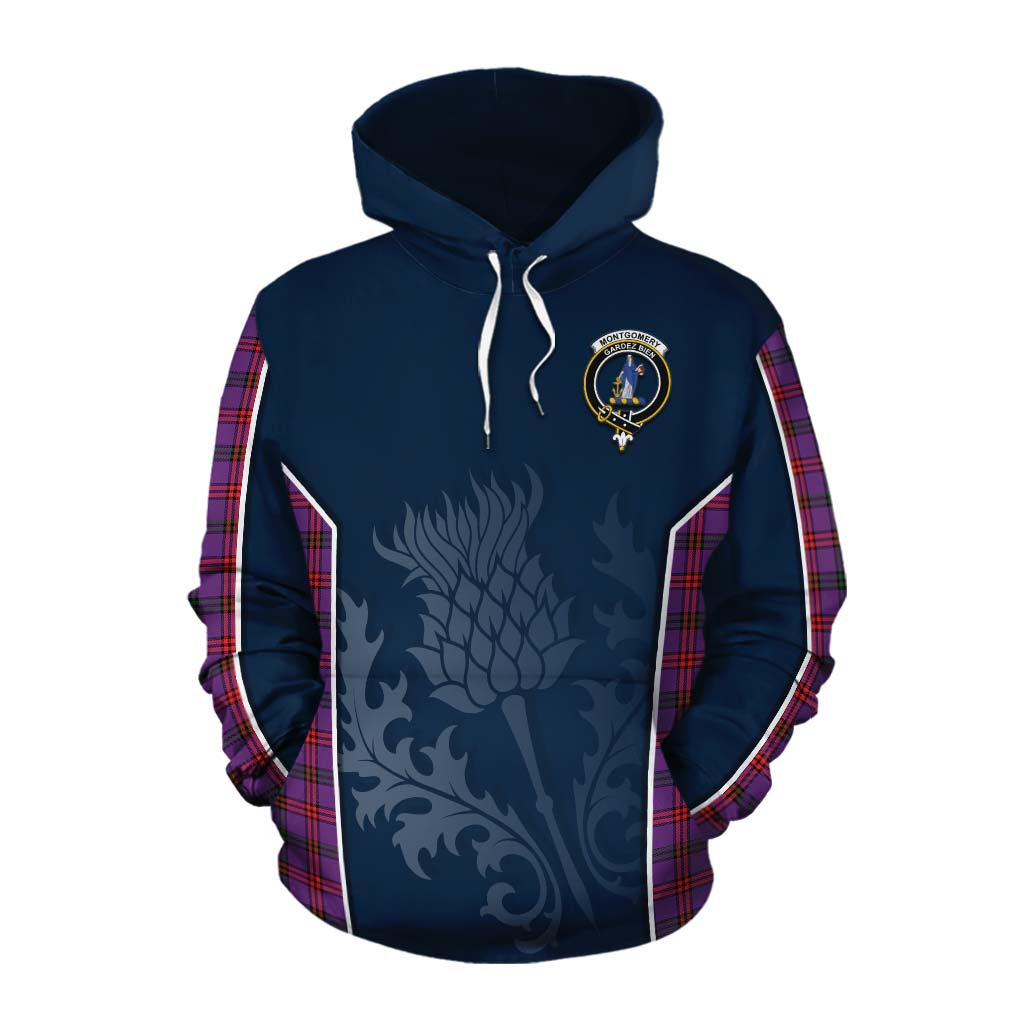 Tartan Vibes Clothing Montgomery Tartan Cotton Hoodie with Family Crest and Scottish Thistle Vibes Sport Style