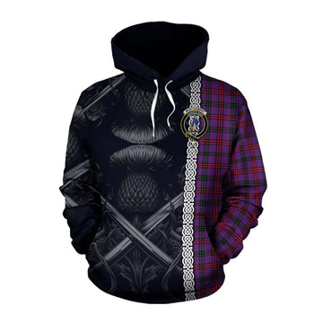 Montgomery Tartan Cotton Hoodie with Family Crest Cross Sword Thistle Celtic Vibes