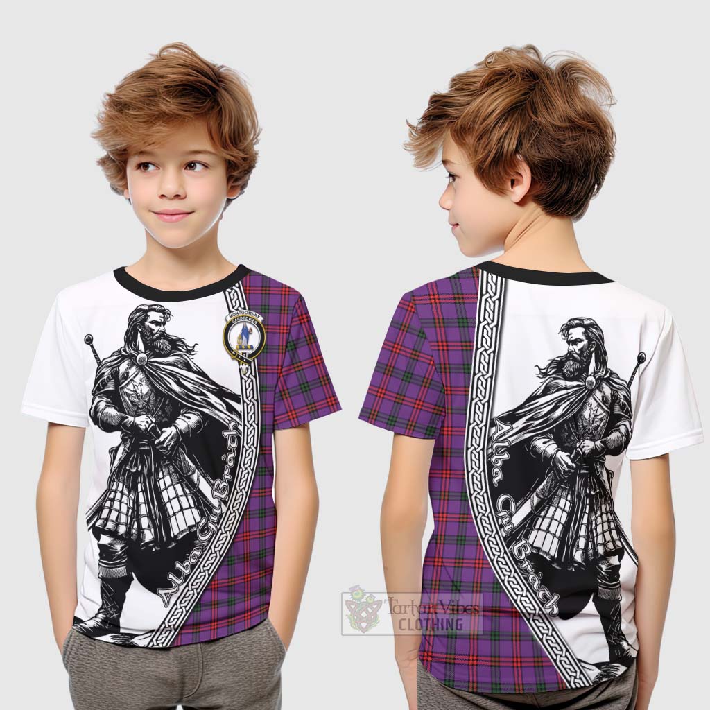 Tartan Vibes Clothing Montgomery Tartan Clan Crest Kid T-Shirt with Highlander Warrior Celtic Style