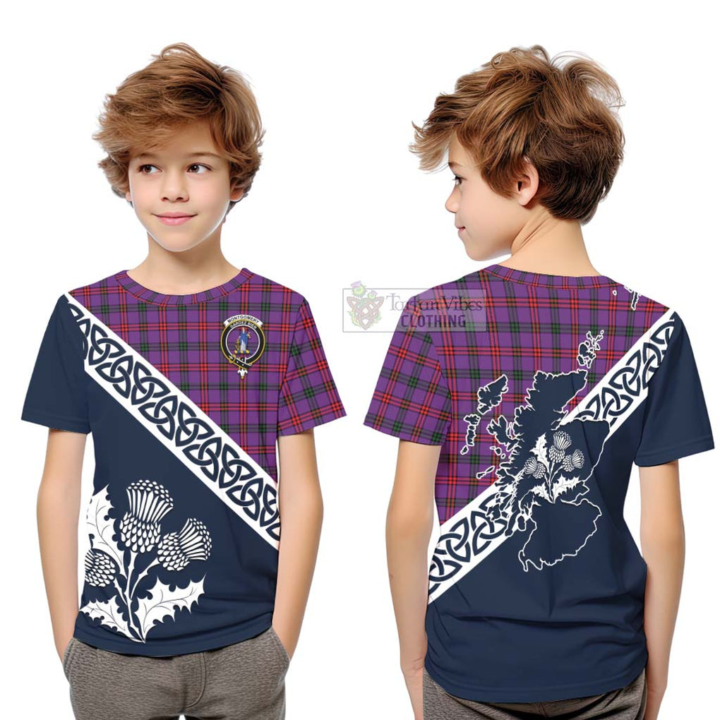 Tartan Vibes Clothing Montgomery Tartan Kid T-Shirt Featuring Thistle and Scotland Map