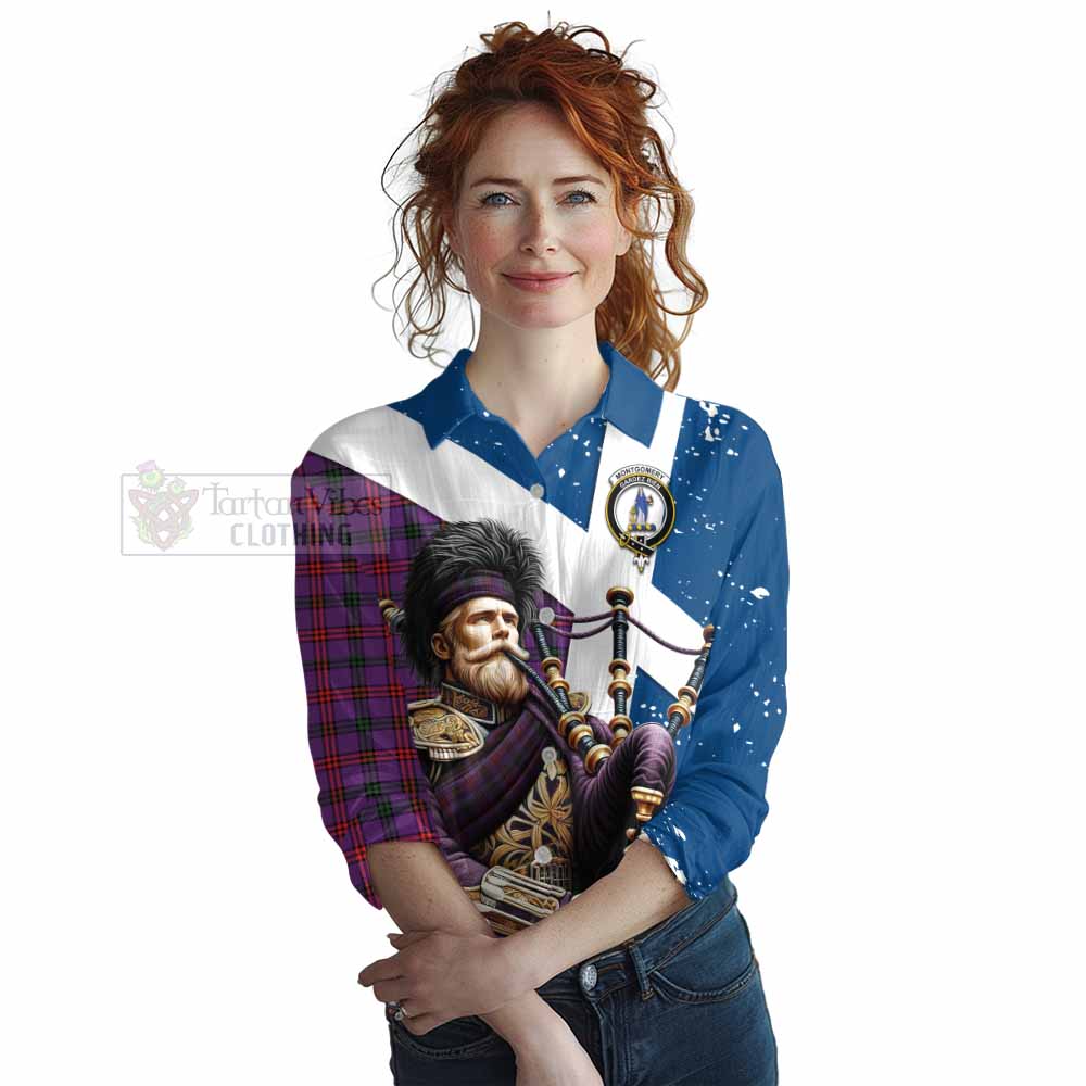 Tartan Vibes Clothing Montgomery Tartan Women's Casual Shirt with Family Crest Scottish Bagpiper Vibes