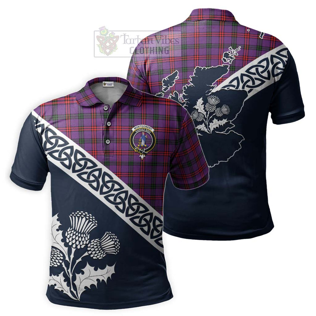 Montgomery Tartan Polo Shirt Featuring Thistle and Scotland Map